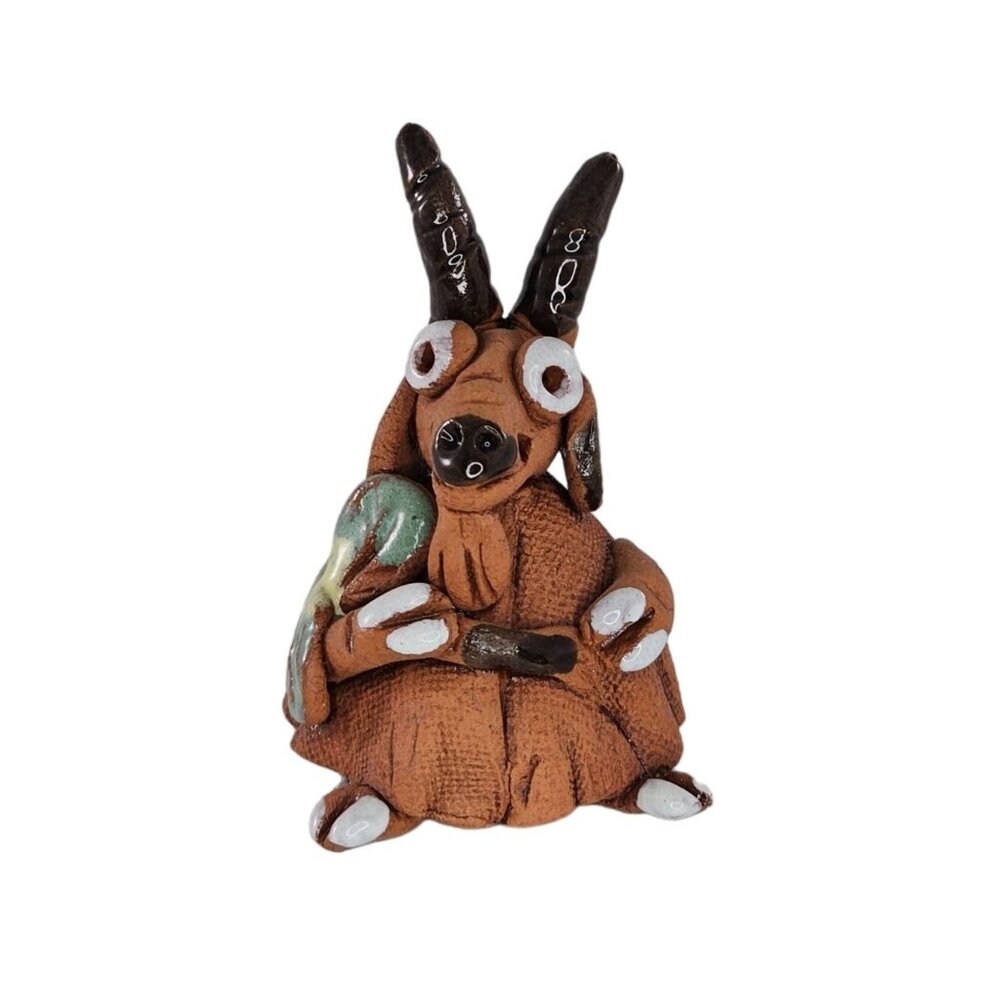Whimsical Handmade Goat Figurine With Flower Miniature